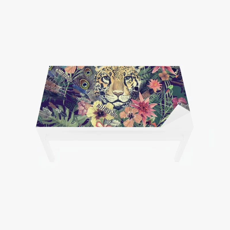Table & desk veneer vintage watercolor leopard in tropical foliage