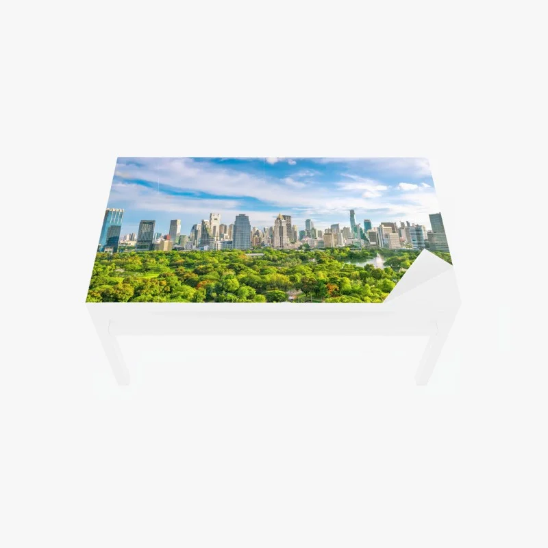 Table & desk veneer vibrant Bangkok skyline above Lumpini Park