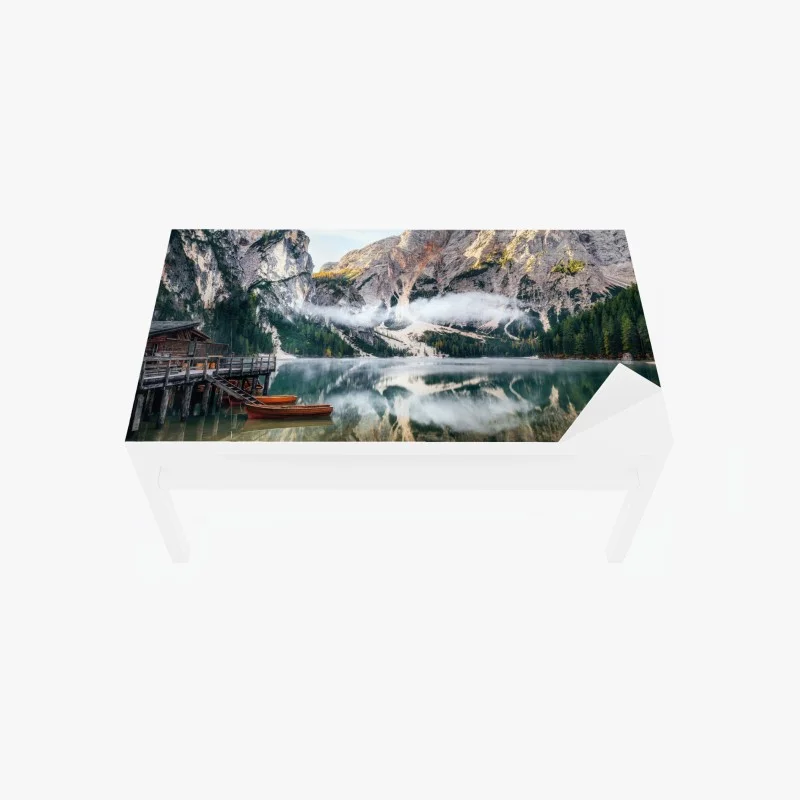 Table & desk veneer misty alpine lake reflection