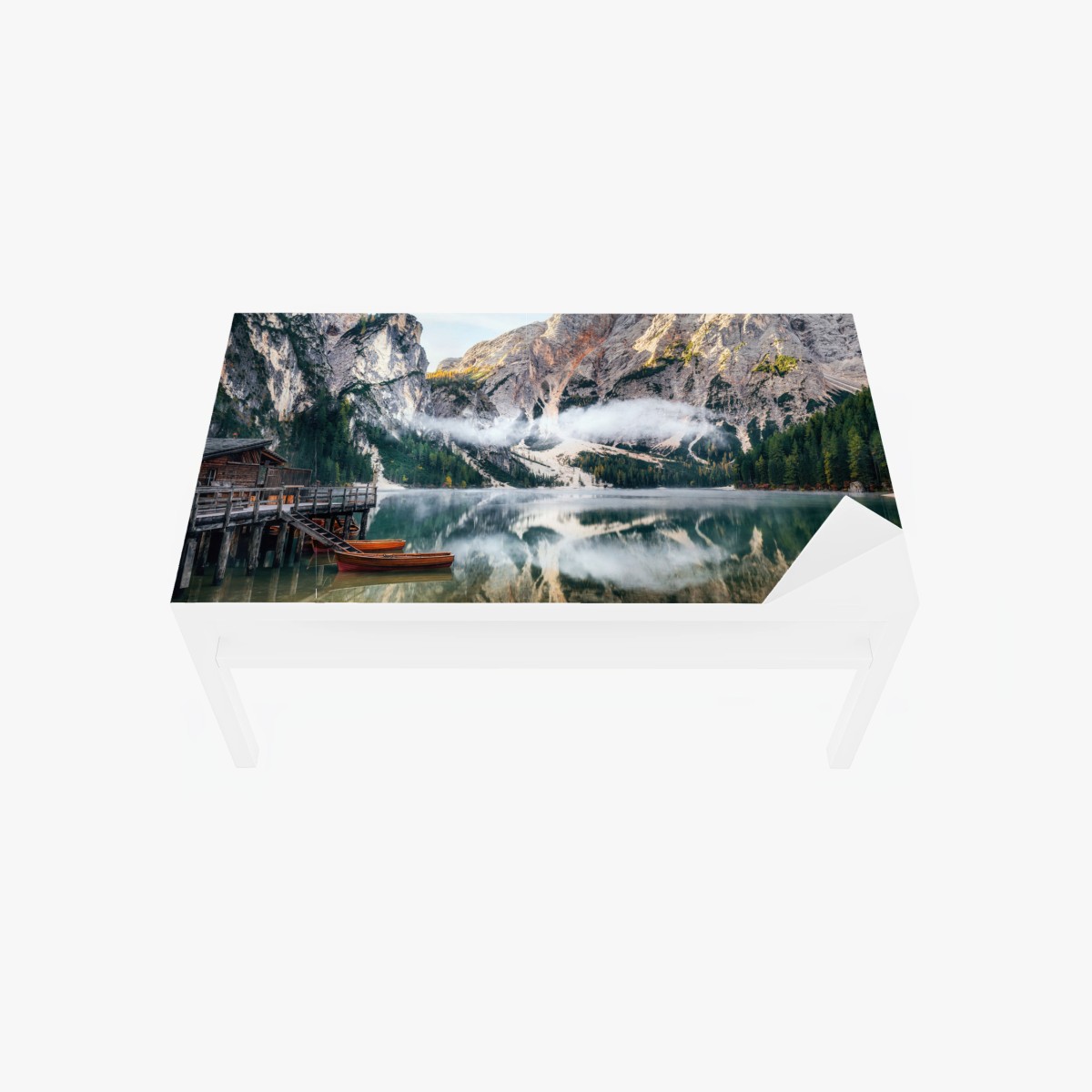 Table & desk veneer misty alpine lake reflection • Wallissimo® Table & desk veneer misty alpine lake reflection • Wallissimo®