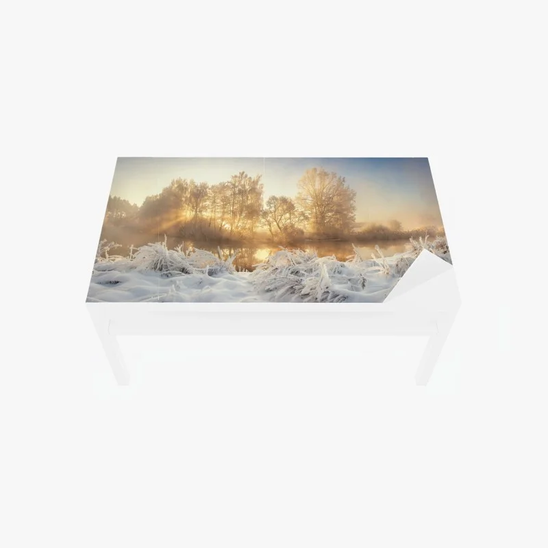 Table & desk veneer golden winter sunrise over frosty river
