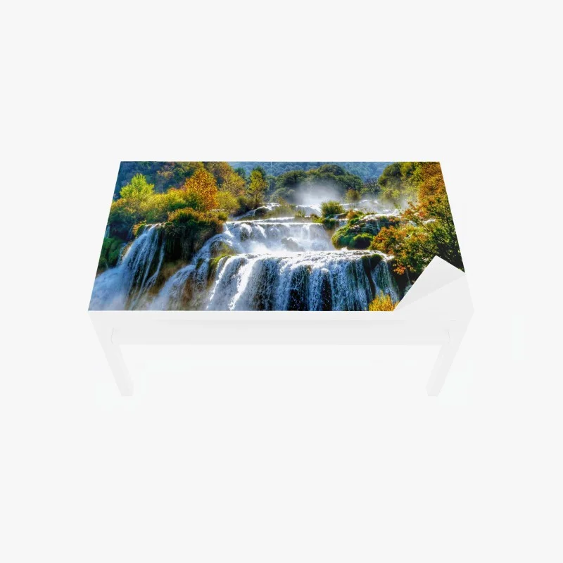 Table & desk veneer cascading waterfall in lush forest