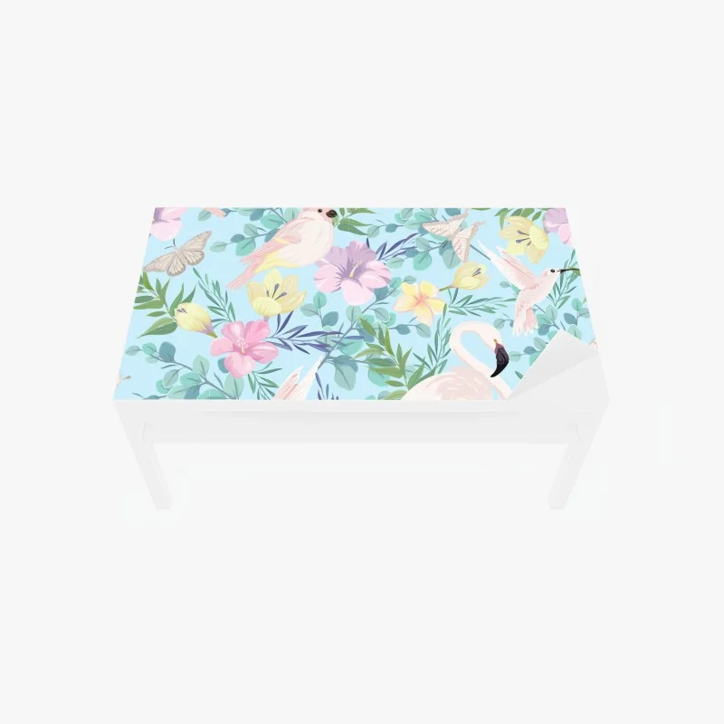 Table & desk veneer pastel tropical birds and floral pattern