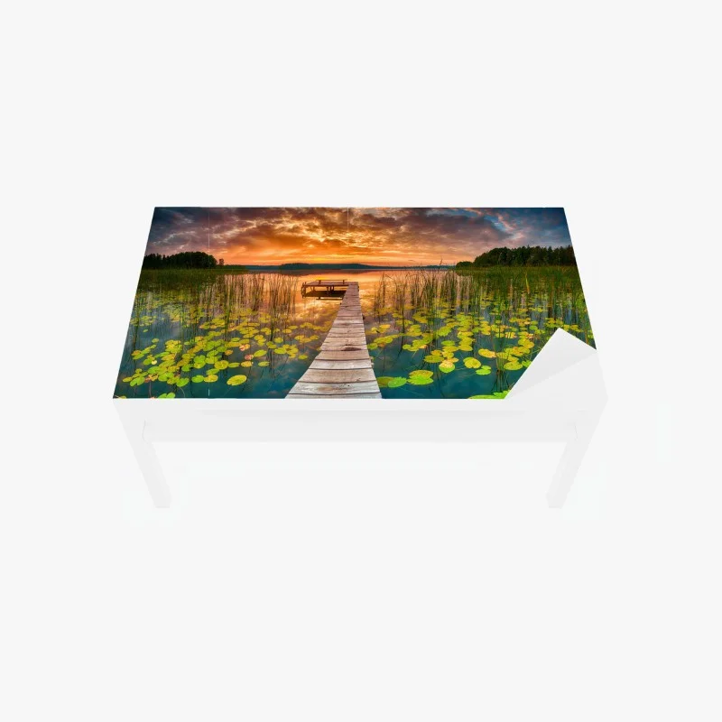 Table & desk veneer sunrise over tranquil lake with wooden pier