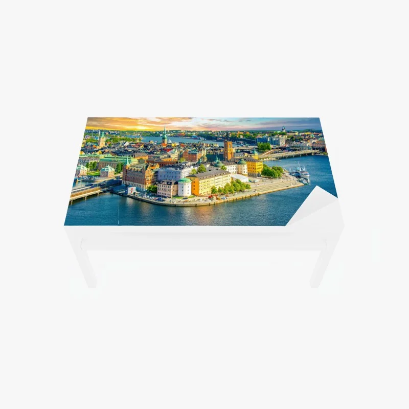 Table & desk veneer vibrant Stockholm cityscape at sunset