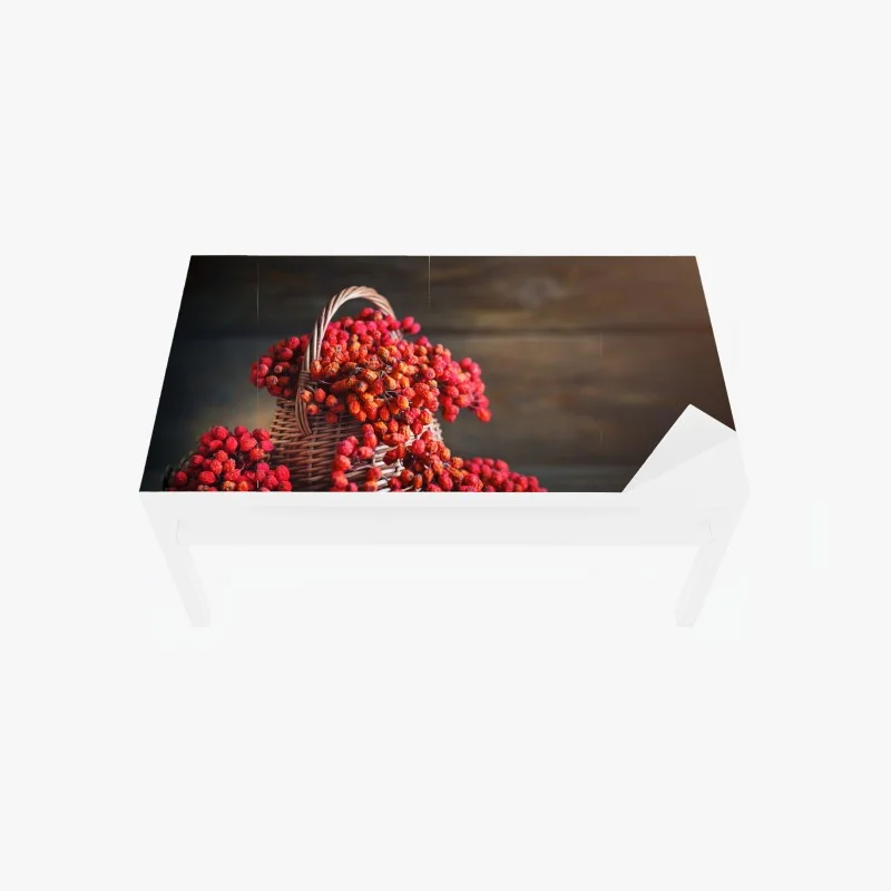 Table & desk veneer autumn rowan berries in wicker basket