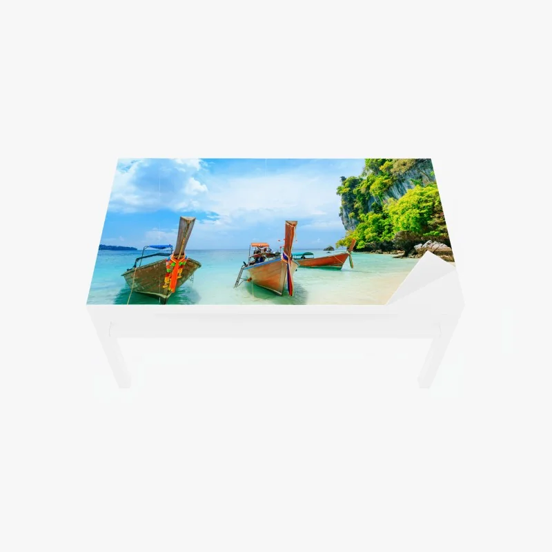 Table & desk veneer longtail boats on a turquoise Phuket beach