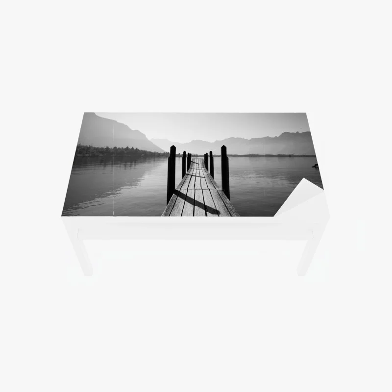Table & desk veneer serene lakeside pier in monochrome