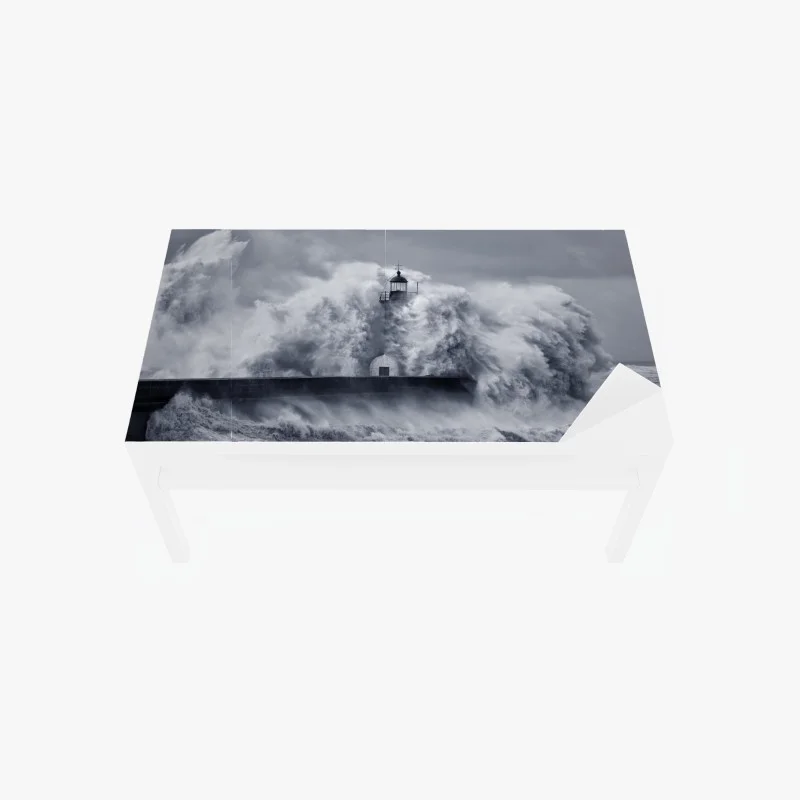 Table & desk veneer lighthouse engulfed by stormy waves
