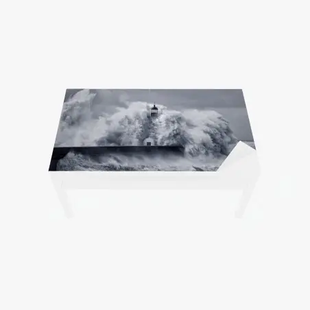 Table & desk veneer lighthouse engulfed by stormy waves • Wallissimo®