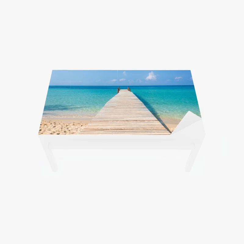 Table & desk veneer wooden pier to turquoise sea