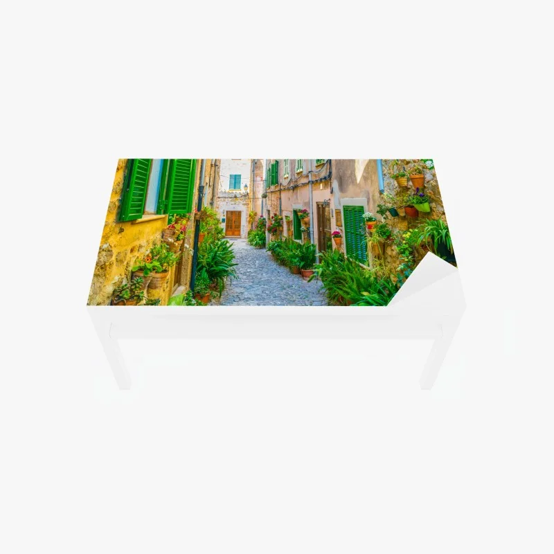 Table & desk veneer sunlit alley with green shutters