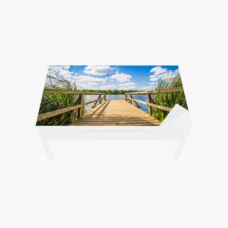 Table & desk veneer sunlit lakeside dock at midday