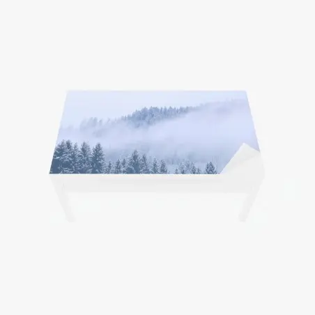 Table & desk veneer winter mist over coniferous forest • Wallissimo®