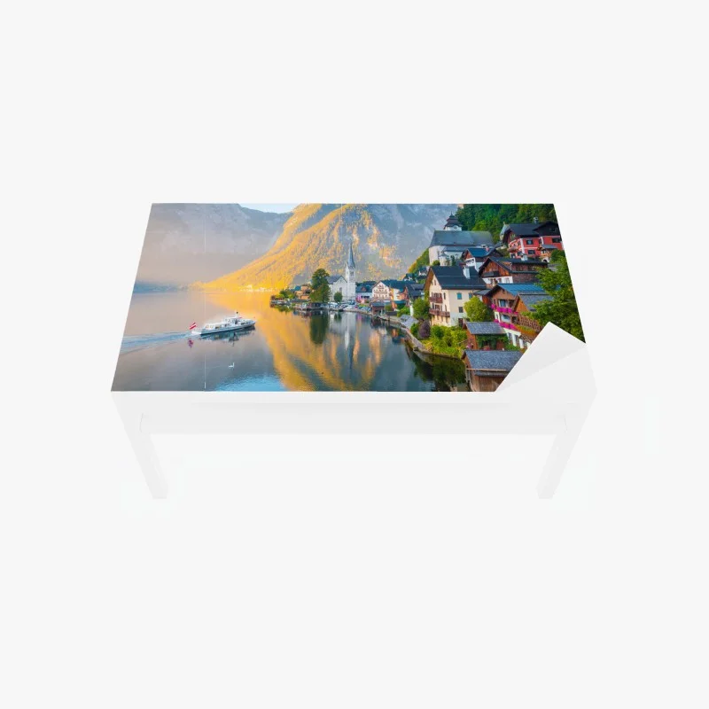 Table & desk veneer morning glow over Hallstatt lakeside village