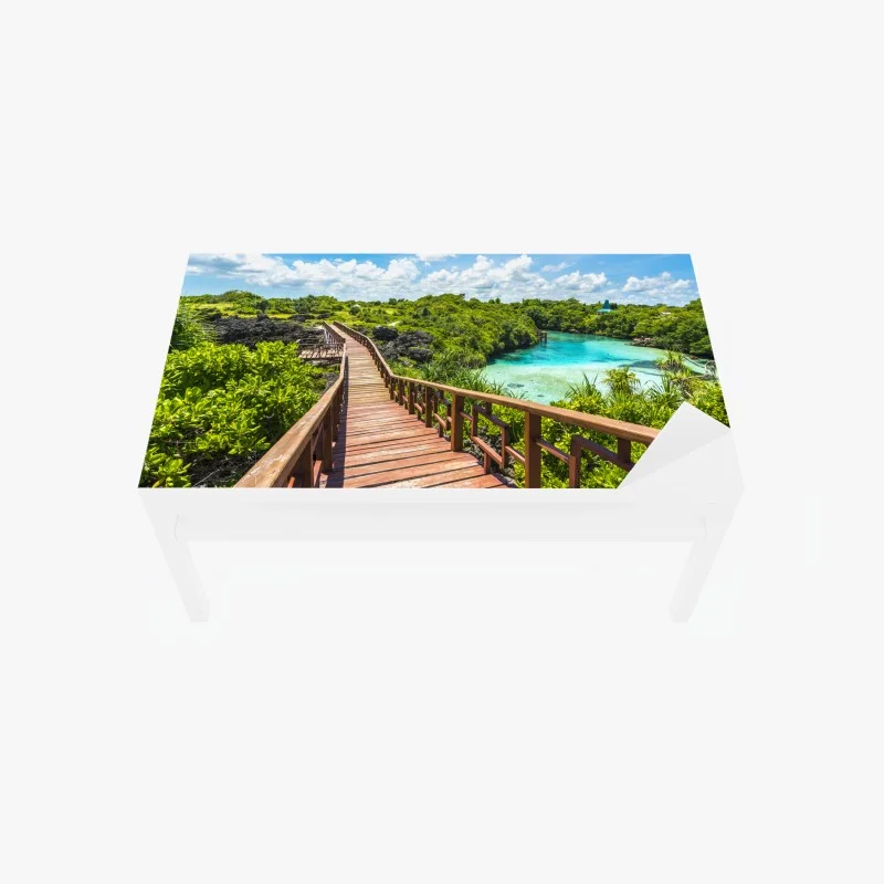 Table & desk veneer tropical wooden boardwalk to turquoise lagoon