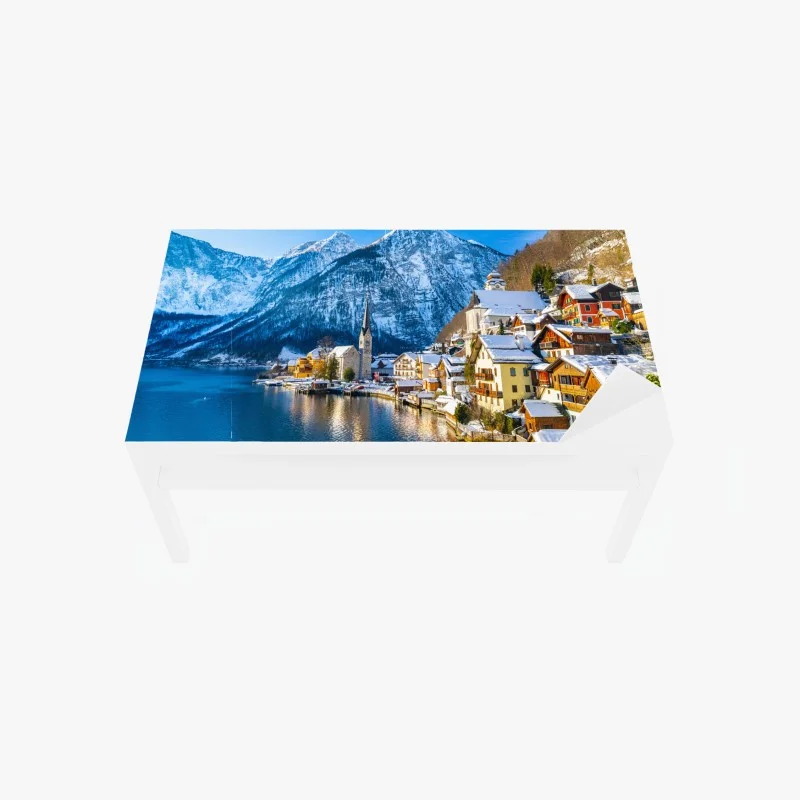 Table & desk veneer peaceful winter in Hallstatt — alpine lakeside village