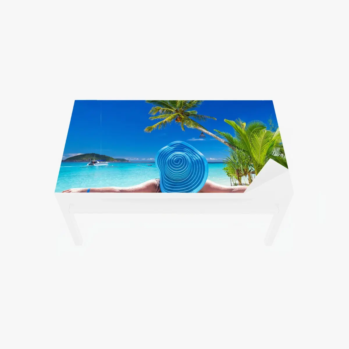 Table & desk veneer tropical beach relaxation with blue sun hat ⁕ Wallissimo® Table & desk veneer tropical beach relaxation with blue sun hat ⁕ Wallissimo®