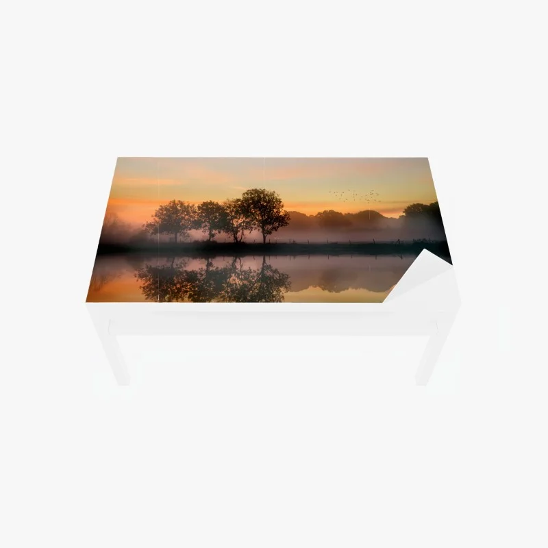 Table & desk veneer misty autumn sunrise over English countryside