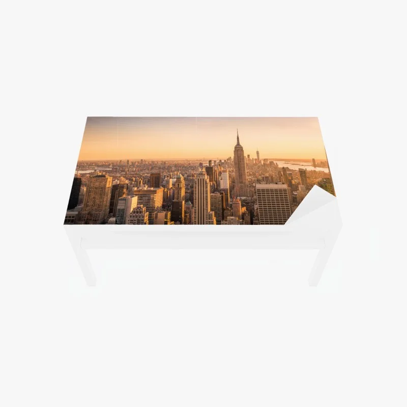 Table & desk veneer golden sunset over New York skyline