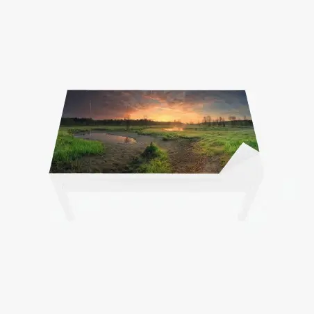 Table & desk veneer sunset over a peaceful meadow • Wallissimo®