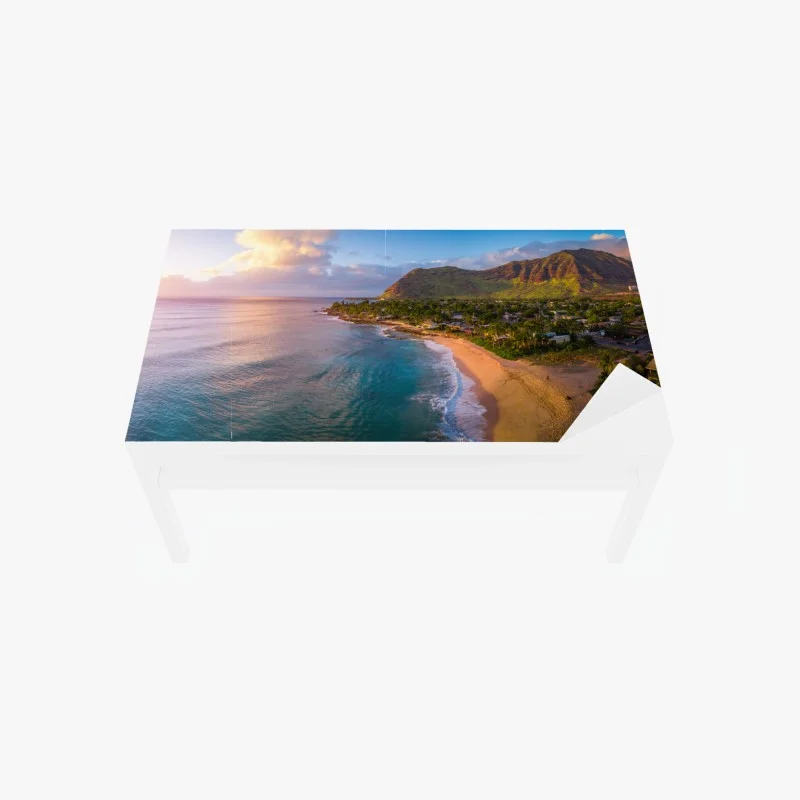 Table & desk veneer sunset beach panorama with tropical mountains