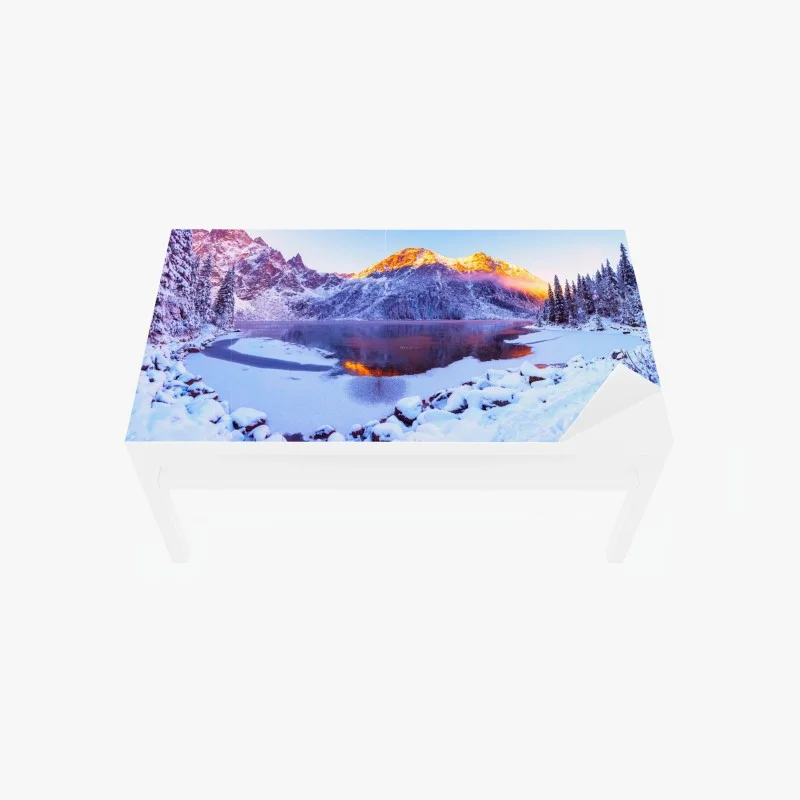 Table & desk veneer sunlit mountains over frozen alpine lake