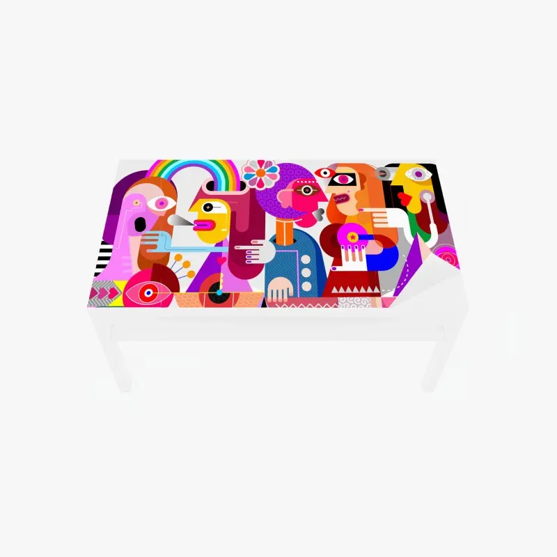 Table & desk veneer man with rainbow riding geometric bird