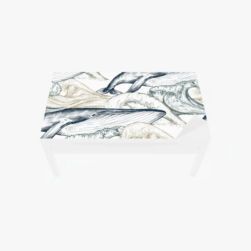 Table & desk veneer hand-drawn whales and ocean waves pattern