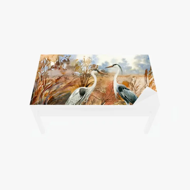 Table & desk veneer two herons in autumn marsh