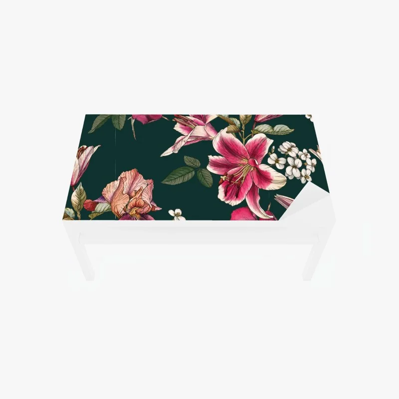 Table & desk veneer vintage botanical floral pattern on deep green