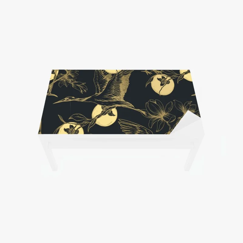Table & desk veneer golden cranes and moon pattern