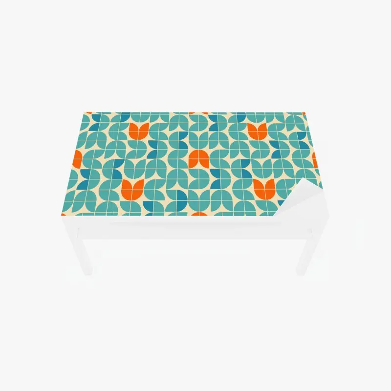 Table & desk veneer retro geometric tile pattern in turquoise and orange
