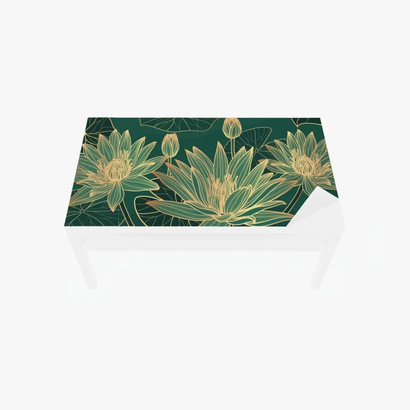 Table & desk veneer gold lotus floral illustration on emerald background