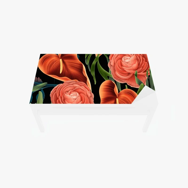 Table & desk veneer vibrant coral floral art on black