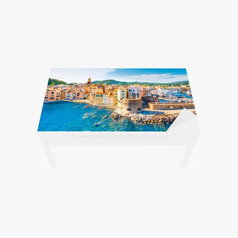 Table & desk veneer sunlit Mediterranean harbor cityscape