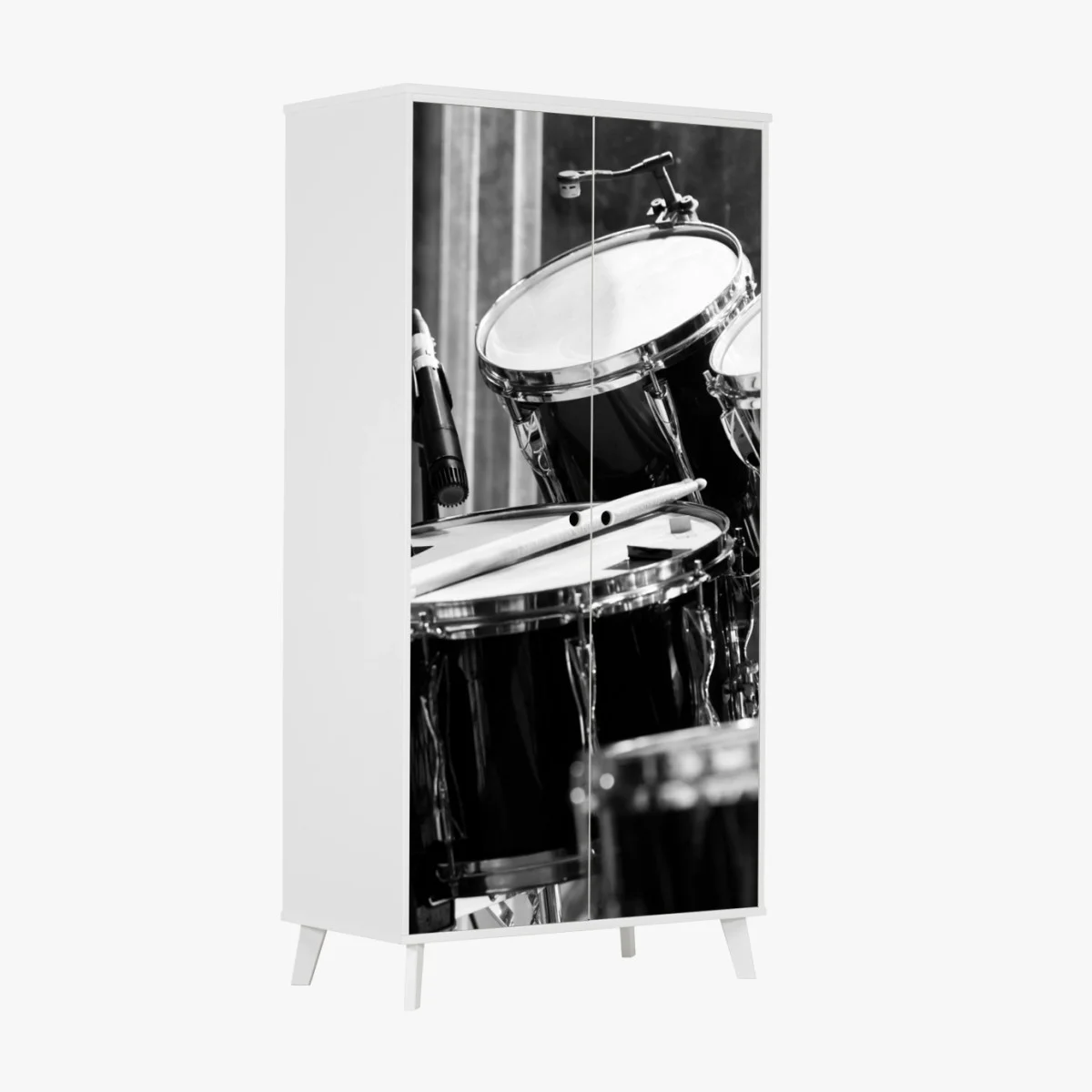 Wardrobe sticker black and white drum kit close-up • Wallissimo® Wardrobe sticker black and white drum kit close-up • Wallissimo®