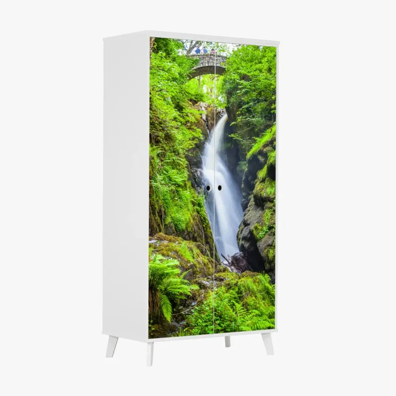 Wardrobe sticker mossy gorge waterfall with stone bridge