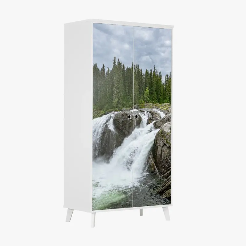 Wardrobe sticker misty waterfall in a lush pine forest