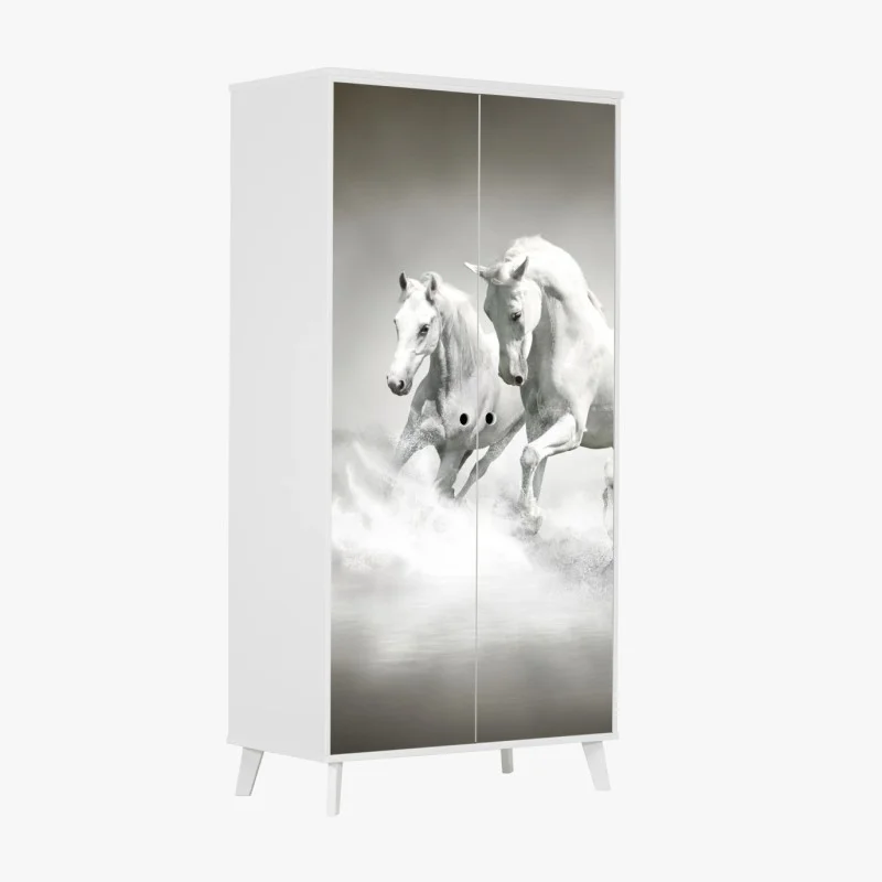 Wardrobe sticker three white horses running through water