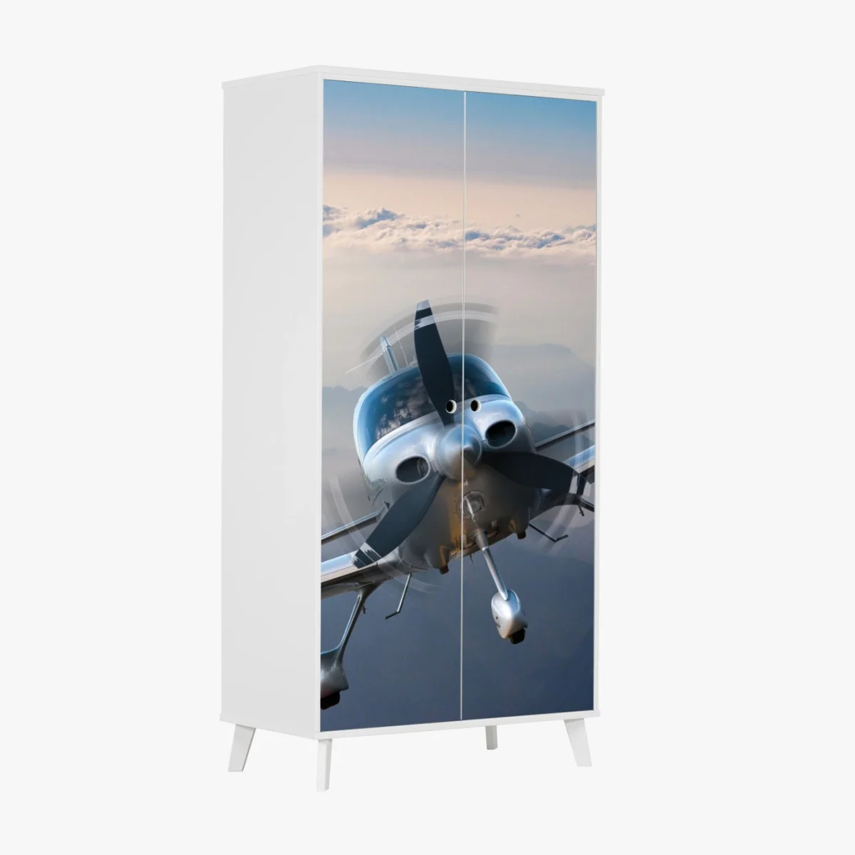 Wardrobe sticker silver propeller plane over misty mountains ⁕ Wallissimo® Wardrobe sticker silver propeller plane over misty mountains ⁕ Wallissimo®