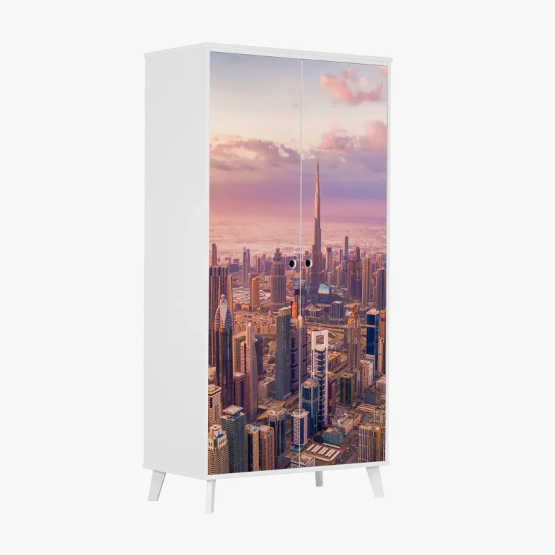 Wardrobe sticker sunset skyline over Dubai with Burj Khalifa