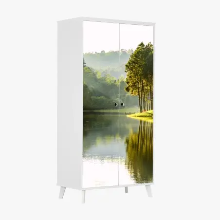 Wardrobe sticker serene pine forest by a tranquil lake • Wallissimo®