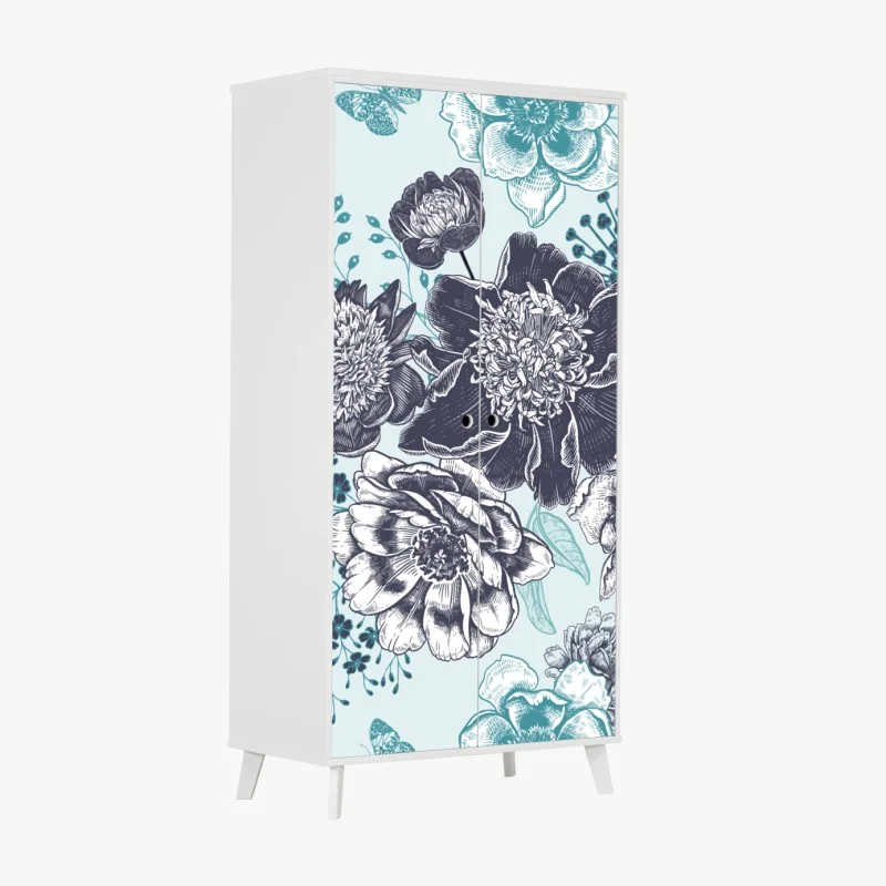Wardrobe sticker vintage peony botanical pattern in teal and navy