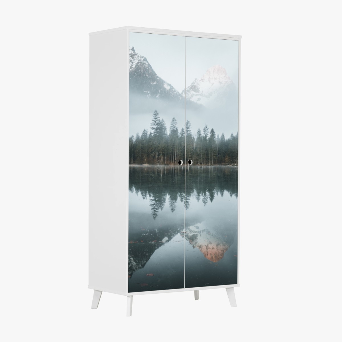 Wardrobe sticker misty alpine reflection over tranquil lake • Wallissimo® Wardrobe sticker misty alpine reflection over tranquil lake • Wallissimo®