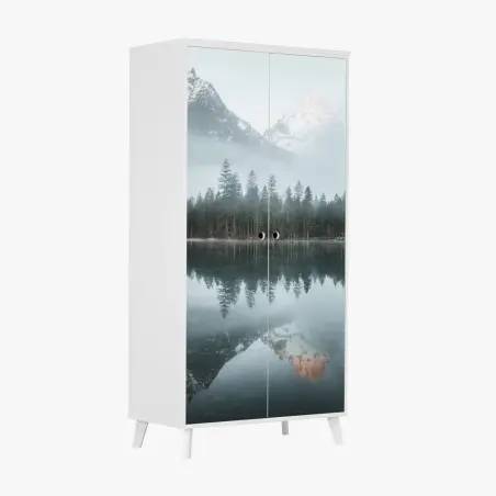 Wardrobe sticker misty alpine reflection over tranquil lake • Wallissimo®