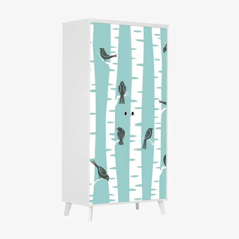 Wardrobe sticker turquoise birch forest with birds