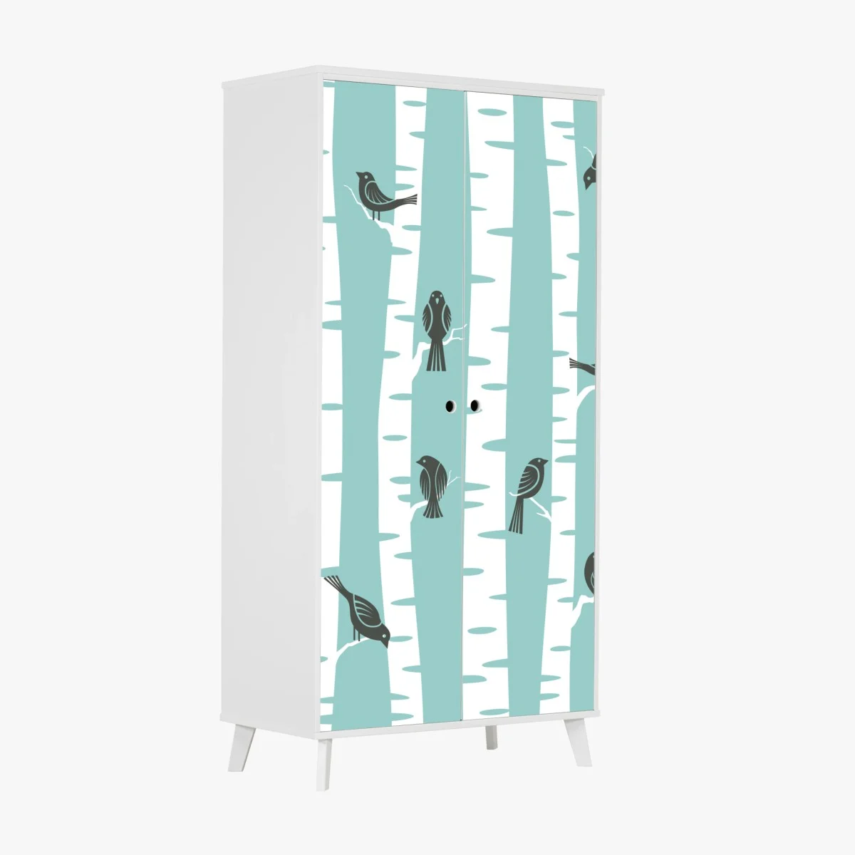 Wardrobe sticker turquoise birch forest with birds ⁕ Wallissimo® Wardrobe sticker turquoise birch forest with birds ⁕ Wallissimo®