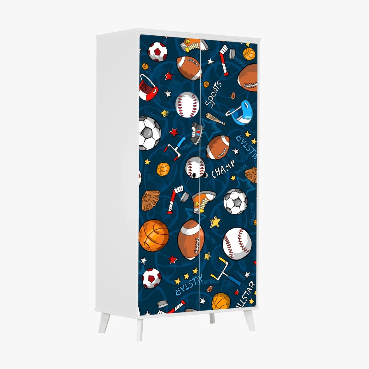 Wardrobe sticker playful sports pattern on navy background ⁕ Wallissimo® Wardrobe sticker playful sports pattern on navy background ⁕ Wallissimo®