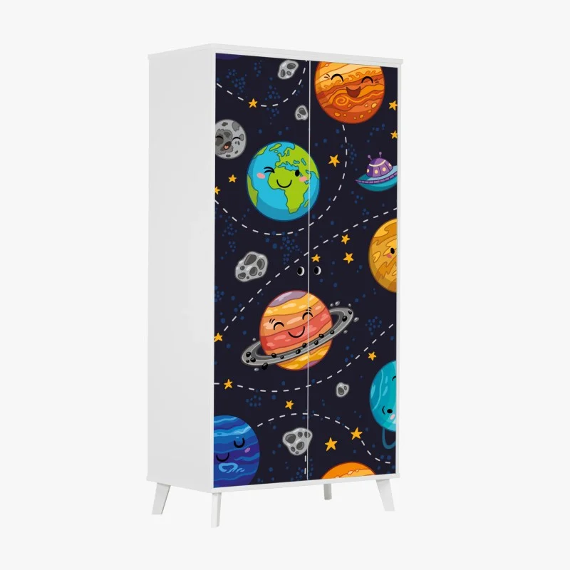 Wardrobe sticker smiling planets in playful space pattern